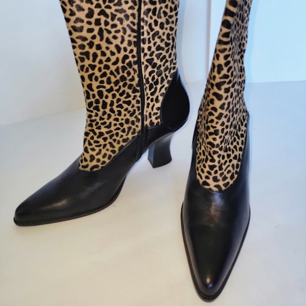 DKNY Pony Fur Cheetah Print &Black Italian Leather Mid Calf Boot Sz 9 EXCELLENT!